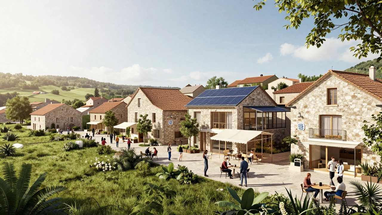 A modernized European village with people working in a sunny outdoor co-working space.