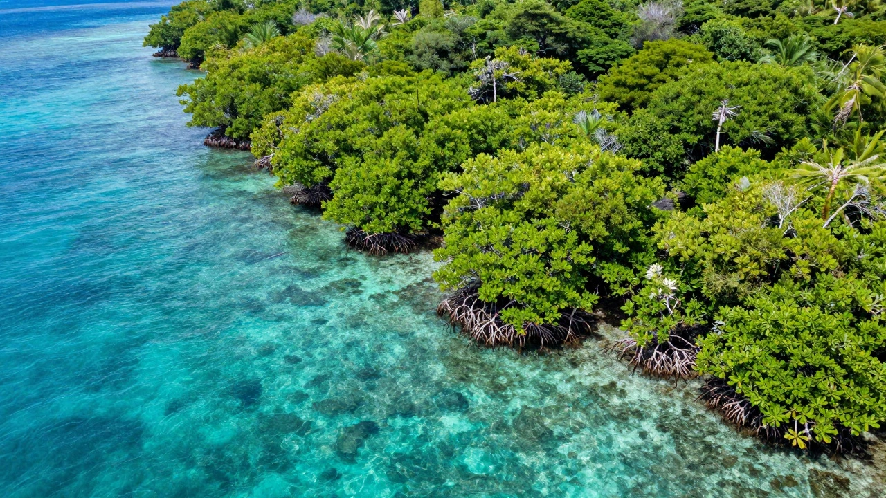 Aerial view of vibrant mangrove forests and turquoise waters in the Seychelles.