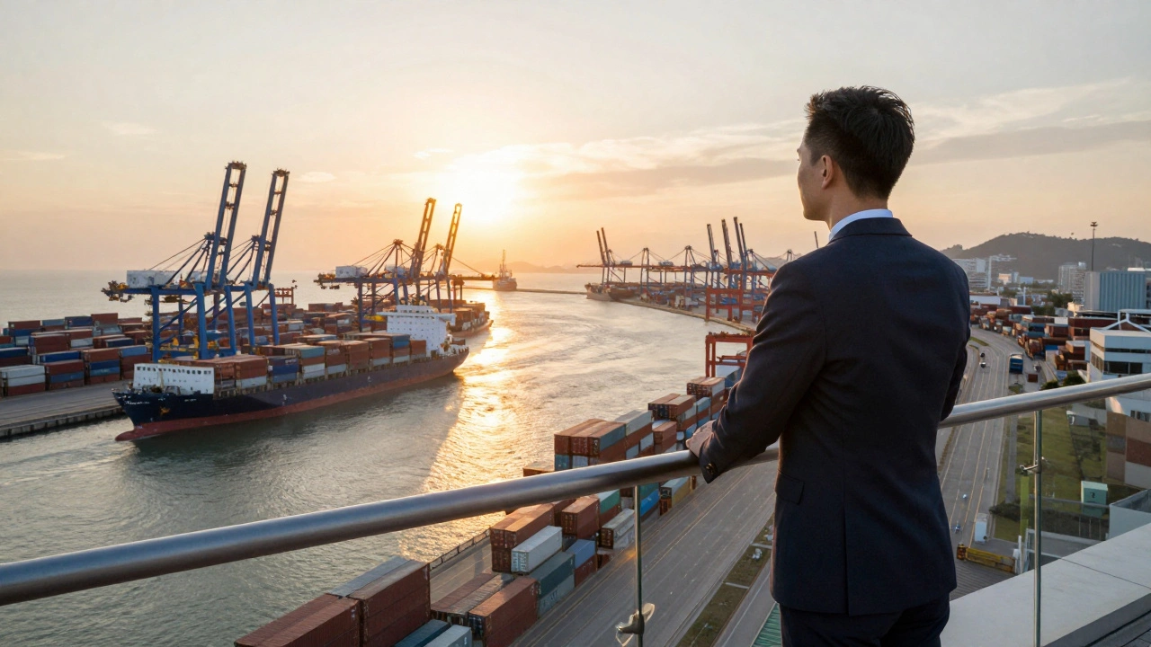 Business leader overlooking a busy cargo port with ships at sunset