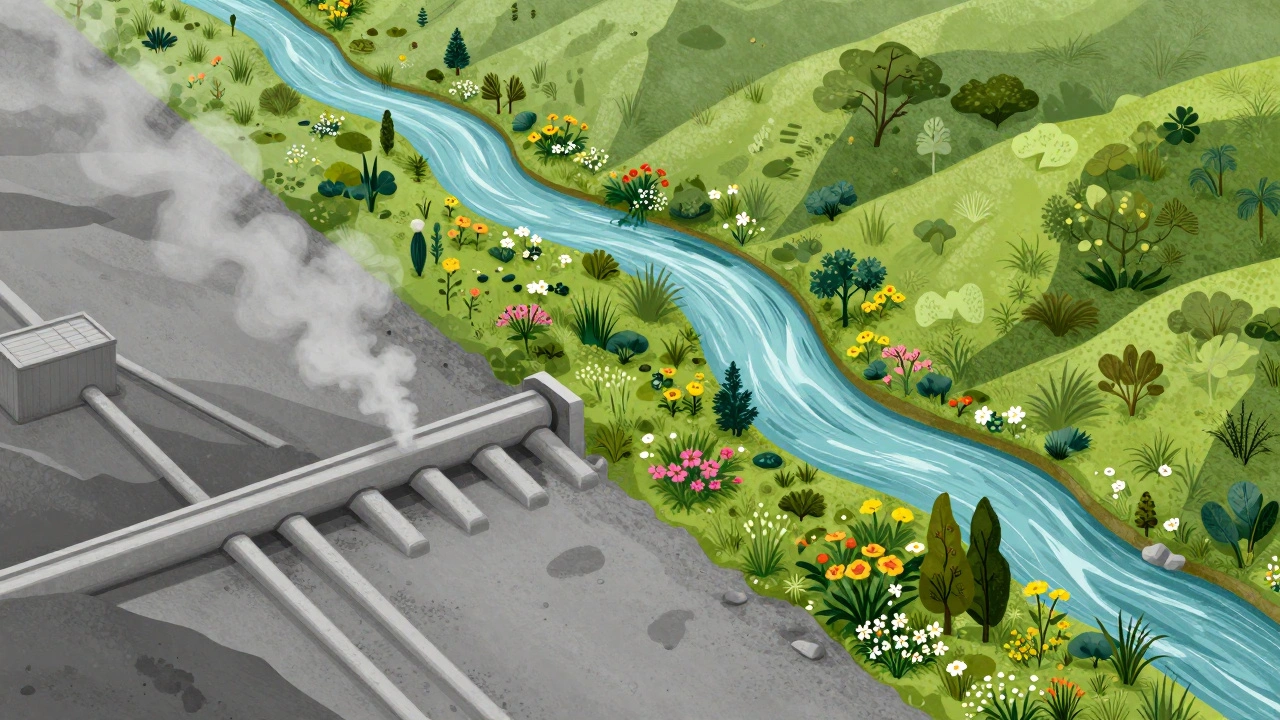 Conceptual art showing a grey industrial city transforming into a green, restored landscape.