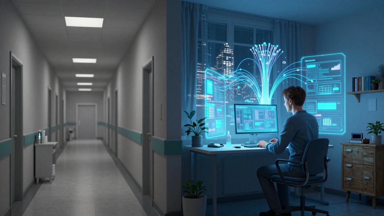Contrast between an empty hospital station and a glowing digital network connecting a remote worker.