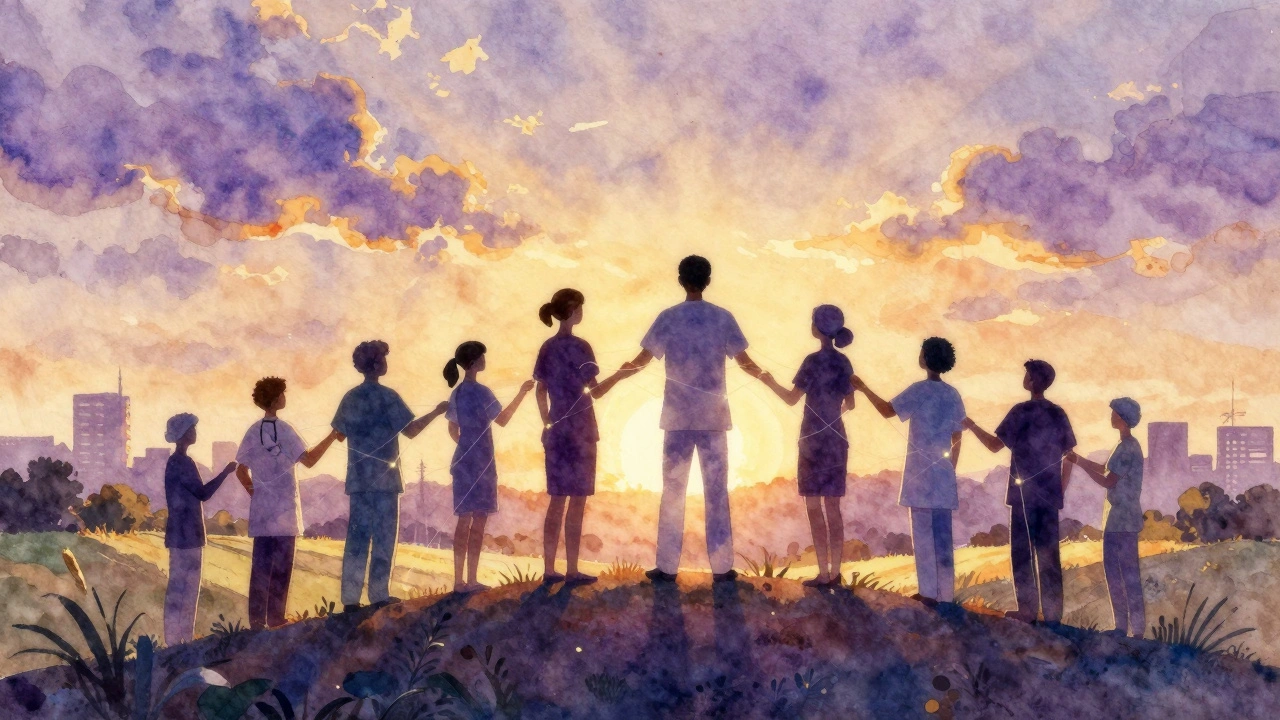 Diverse health workers connected by light over rural landscape representing collaboration.