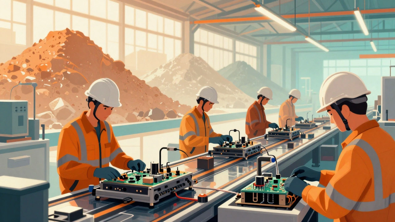 Factory workers assembling electronics with fading raw material silhouettes