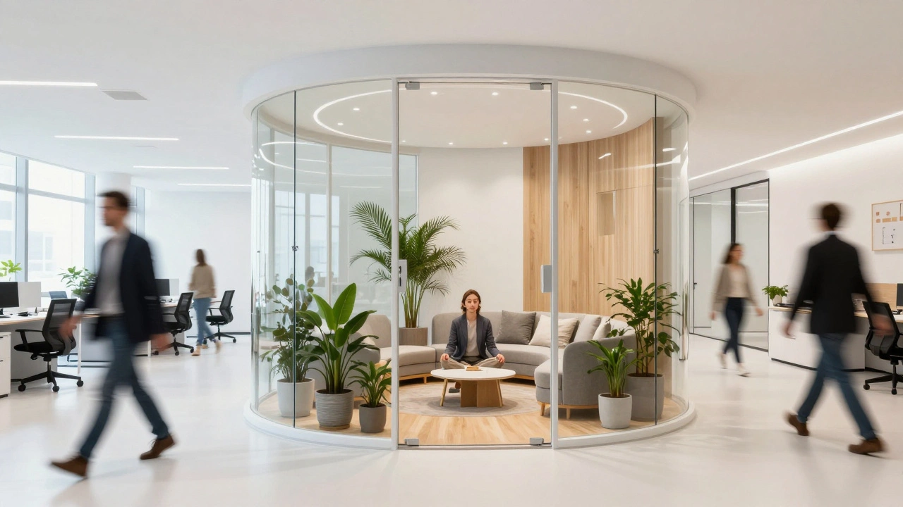 Quiet wellness pod in busy office offering private mental health support space.